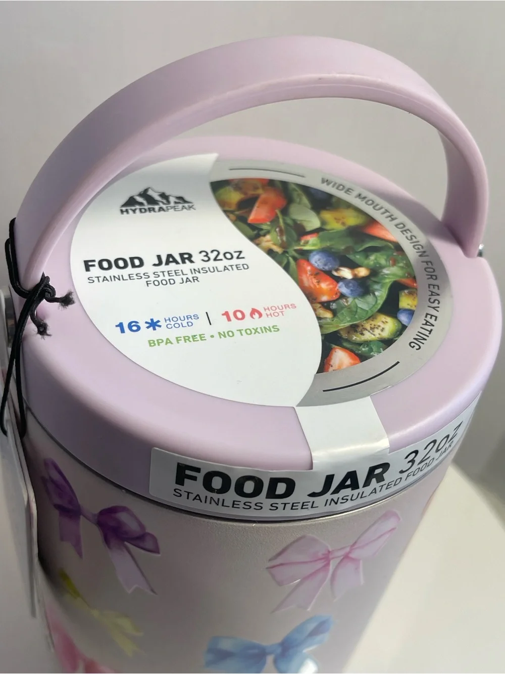 Hydrapeak Stainless Steel Insulated Food Jar White w/Multicolor Bows 32oz - NWT